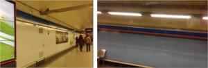 ¿En qué estación estaré? Metros y metros de andén sin señalización (izquierda). Lo que se ve desde dentro del vagón (derecha). (Créditos imagen: autor) 